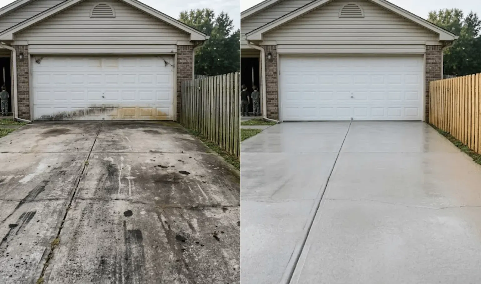 Garage driveway before with oil stains and dirt, after clean